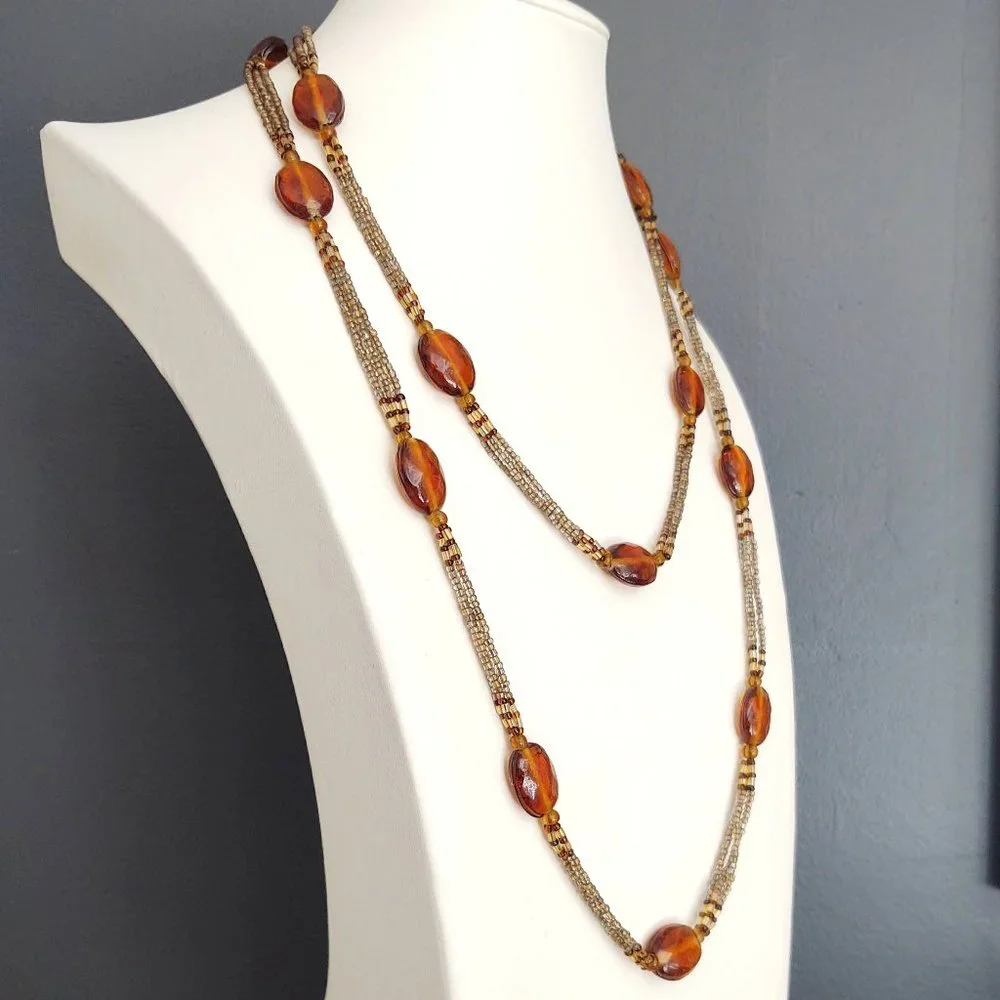 Long vintage glass and seed bead necklace